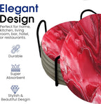 Dark Red Agate Marble Round Coasters Set of 6 - Abosrbent Ceramic Coasters with Metal Stand for Drinks, Coffee, Non-Slip Cork Back for Tabletop Protection, 4 Inches Marbled Pattern (Marble)