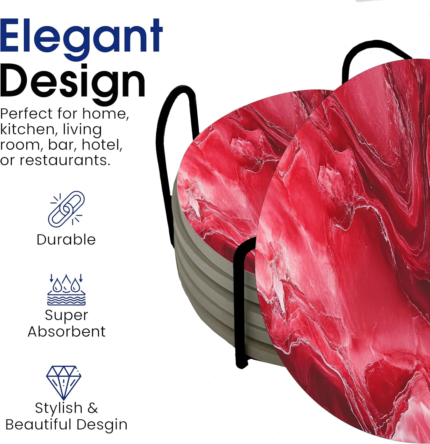 Dark Red Agate Marble Round Coasters Set of 6 - Abosrbent Ceramic Coasters with Metal Stand for Drinks, Coffee, Non-Slip Cork Back for Tabletop Protection, 4 Inches Marbled Pattern (Marble)