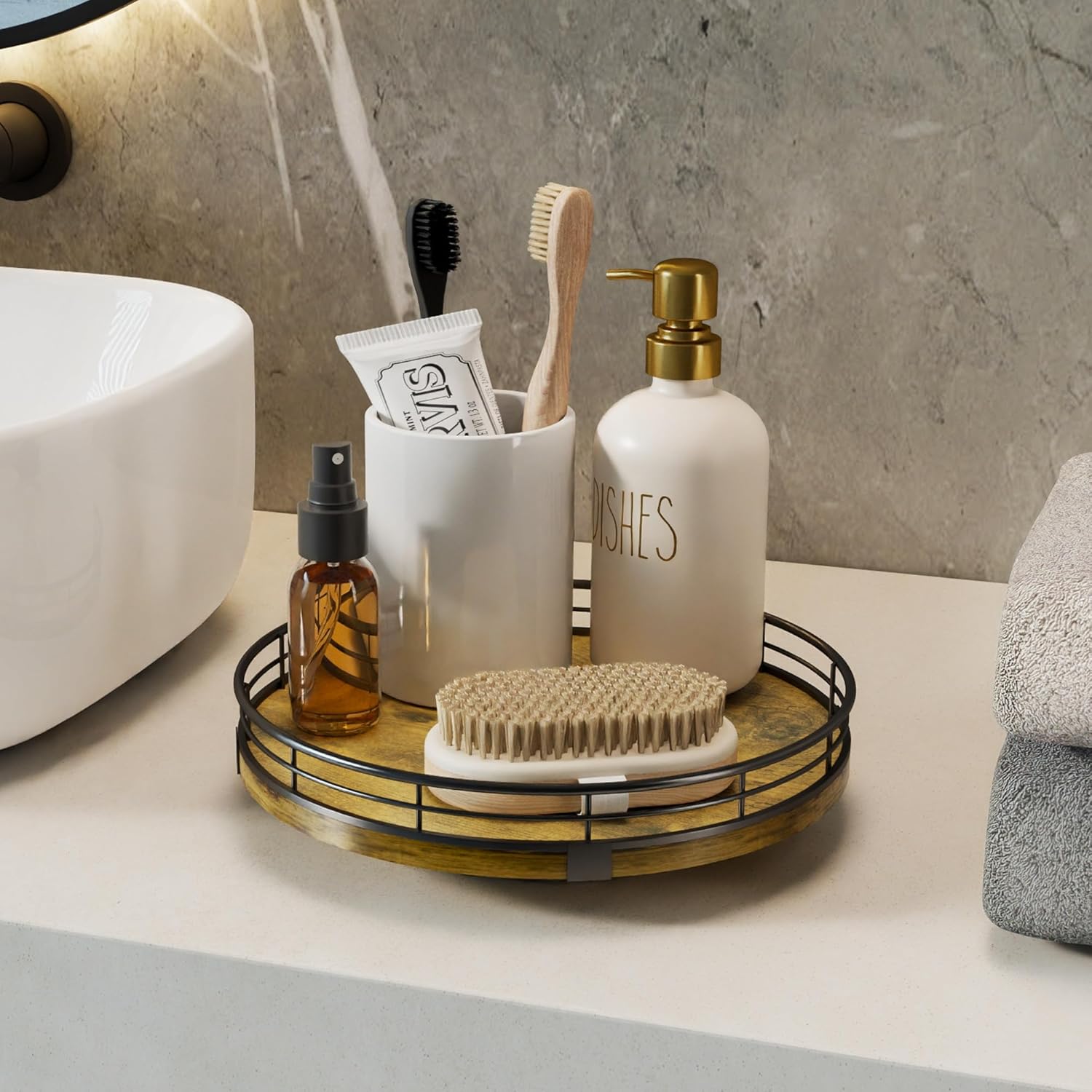 Lazy Susan Turntable Organizer for Table Top, 10’’ Round Wooden Lazy Susan for Cabinet Kitchen Countertop Pantry Dining Coffee Table for Condiments Spices, Rustic Bathroom Vanity Tray for Soap Candle