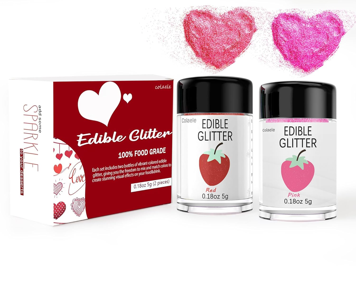 Red Pink Edible Glitter Glimmer Powder for Cakes Drinks - Valentine's Colaele 5 grams Food Grade Luster Dust Metallic Food Decorating Sprinkle Disco Brew Dust for Cake Chocolate Decorations,Vegan