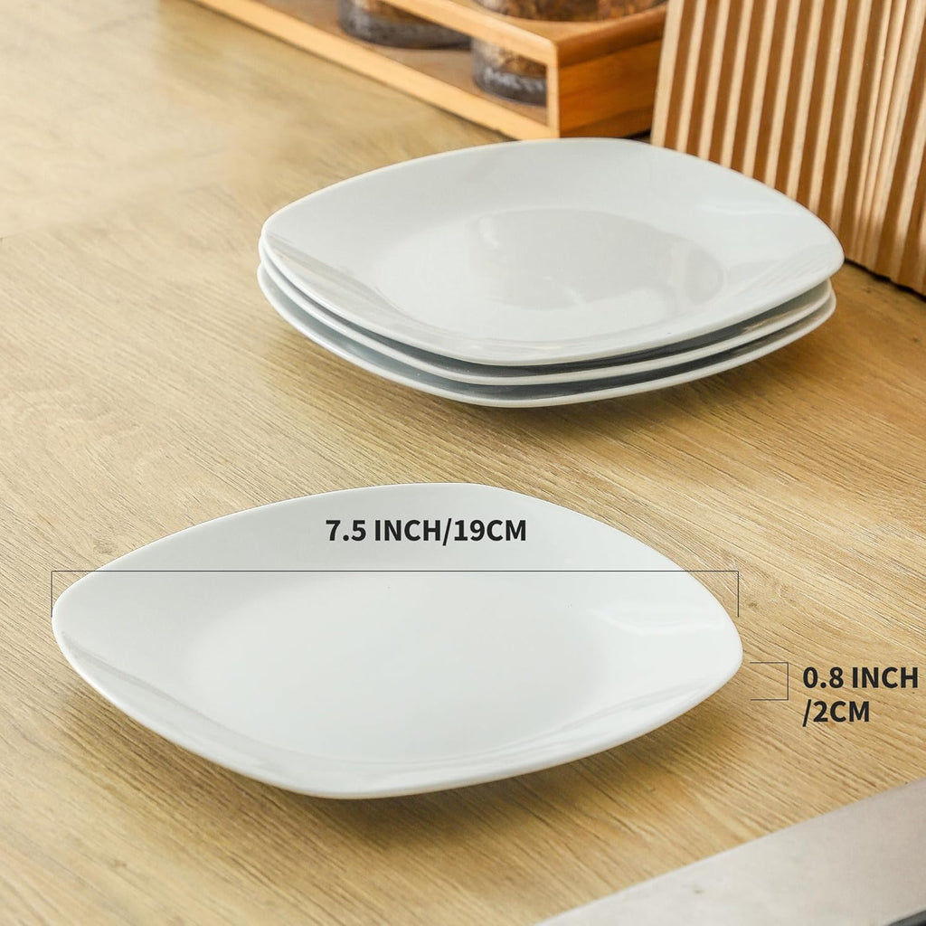 fMBB Ceramic White Dinner Plates Set of 4, Porcelain Square 7.5 inch Dessert Dishes, Serving Flat Plates Salad Dishes - Scratch Resistant, Dishwasher, Microwave, Oven Safe