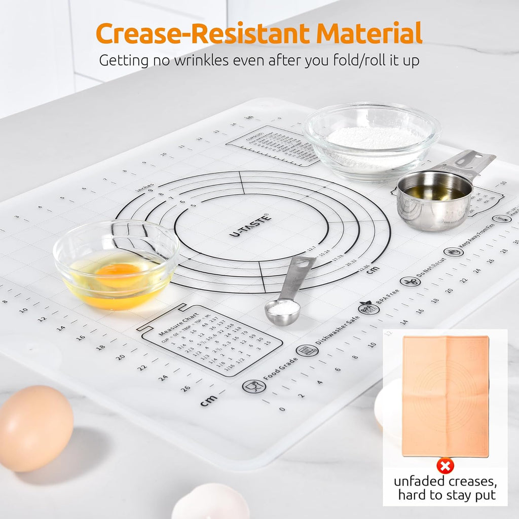 U-Taste Liquid Silicone Pastry Mat: 16"x20" Food-Grade Non-Stick Dough Rolling Baking Sheet, Non Slip for Kneading Prep Pizza, Fondant, Pie Crust with Clear Measurement and Raised Edges (Transparent)