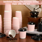 Uiifan 100 Set 4oz Disposable Espresso Cups with Lids Ripple Corrugated Paper Disposable Coffee Insulated Hot Ripple Cups for hot Chocolate, Tea, and Cocoa Drinks(Pink)