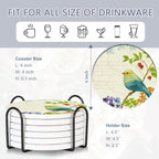 Coaster for Drinks Set of 6, Vintage Watercolor Bird Flower Absorbing Round Ceramic Stone Coaster with Cork Base,Tabletop Protection Mat for Mugs and Cups,Coffee Table Wine Glass Home Bar 4 Inch