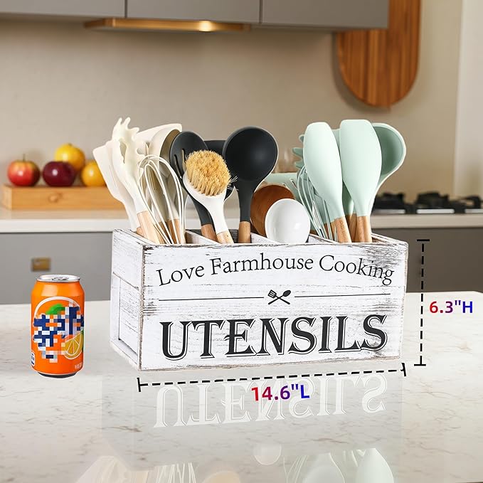 Kitchen Utensil Holder,Farmhouse Wooden Utensil Holder For Kitchen Counter,Extra Large Cooking Spatula Organizer,Big Storage With 4 Compartments Flatware Spoon Tool Cutlery（Retro White）