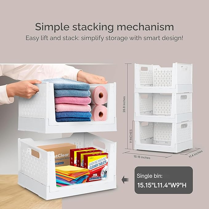 TidyFriend Stackable Storage Bins with Wheels, 3 Pack Foldable Storage Bins Box, Plastic Shelves Drawer Organizer Container for Closet Office Bedroom Kitchen Bathroom (Ivory)