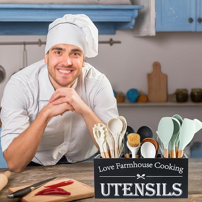 Kitchen Utensil Holder,Farmhouse Wooden Utensil Holder For Kitchen Counter,Extra Large Cooking Spatula Organizer,Big Storage With 4 Compartments Flatware Spoon Tool Cutlery（Black）