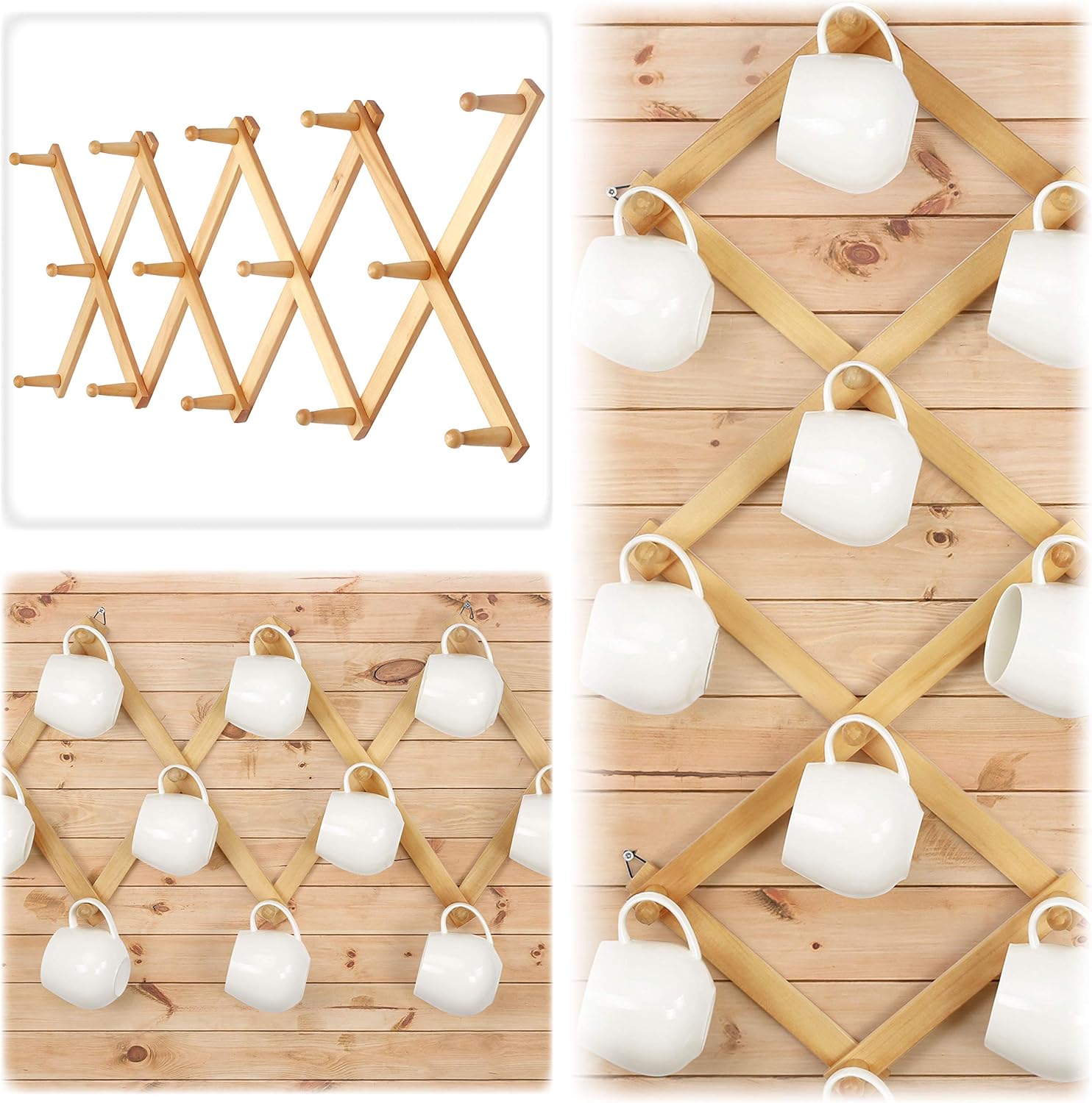 Dseap Accordian Wall Hanger: 16” High Wooden Wall Expandable Coat Rack, Hat Rack Holder, Accordion Hook for Baseball Caps, Coats, Mugs, 14 Peg Hooks, Natural