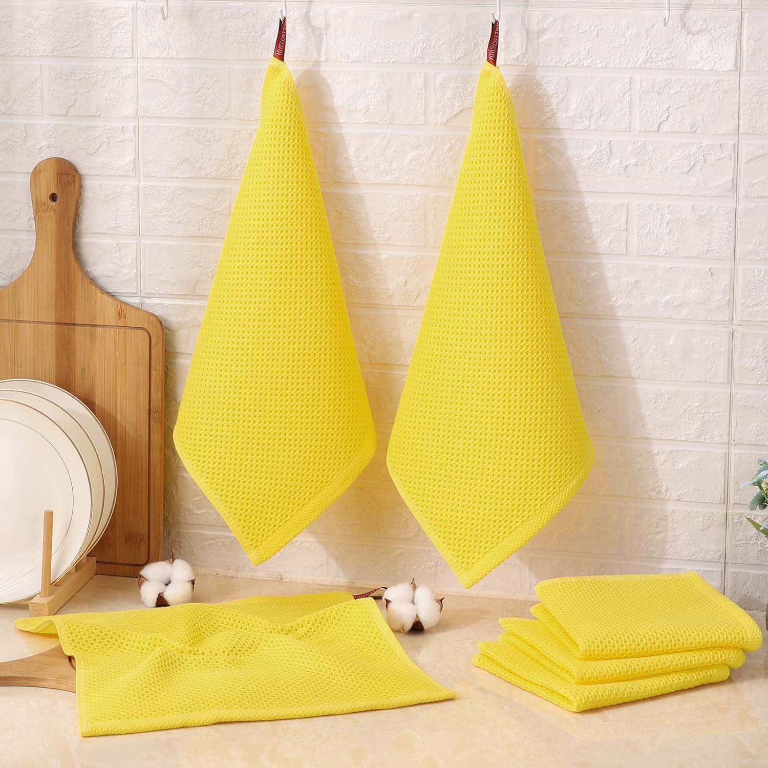 Kitinjoy 100% Cotton Kitchen Dish Cloths, 6 Pack Waffle Weave Ultra Soft Absorbent Dish Towels for Drying Dishes Quick Drying Kitchen Towels Dish Rags, 12 X 12 Inches, Yellow