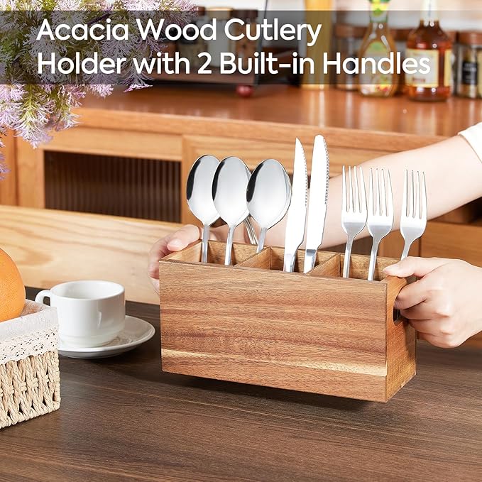 Acacia Wooden Silverware Holder,Kitchen Utensil Caddy with 3 Compartments,Cutlery Storage Organizer Countertop,Flatware Organizer for Party,Spoon, Fork Holder
