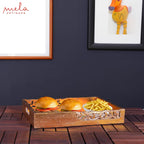 Coffee Table Tray (Distressed Gold) - “Flourish” Wood Serving Tray w/Handles for Breakfast in Bed - Mango Wood Decorative Tray w/Felt Pads - Medium Size Tray - 16” x 12” x 2.5”