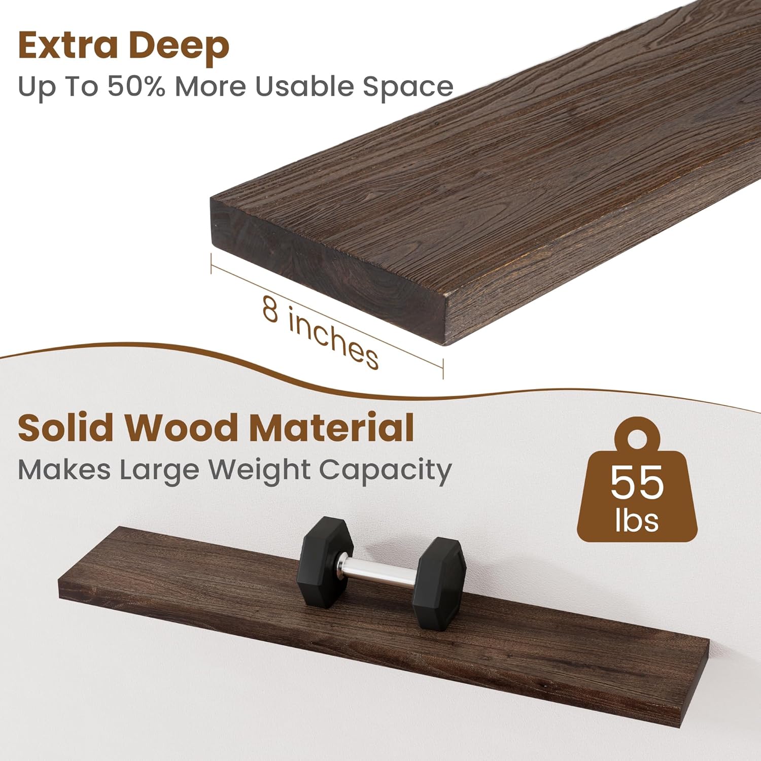 Floating Shelves for Wall Decor, 8 Inch Deep Rustic Solid Elm Wood Floating Shelves Wall Mounted, Wall Shelves with Invisible Bracket for Living Room Bathroom Bedroom Kitchen, 40 Inch Set of 1, Walnut