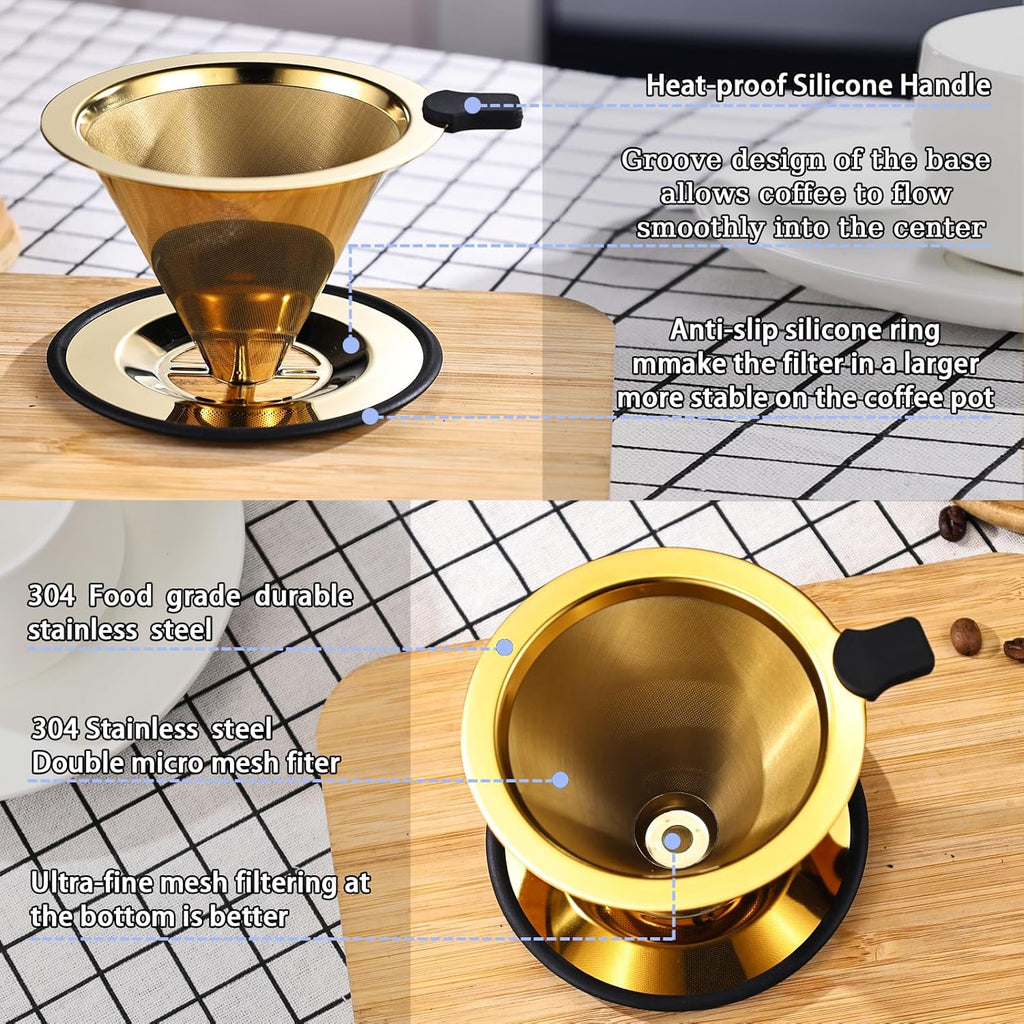 Small Size Pour Over Coffee Dripper, Stainless Steel Metal Cone Drip Coffee Filter, Paperless and Permanently Reusable, Double Mesh Coffee,TeaFilter for 1-2 Cups
