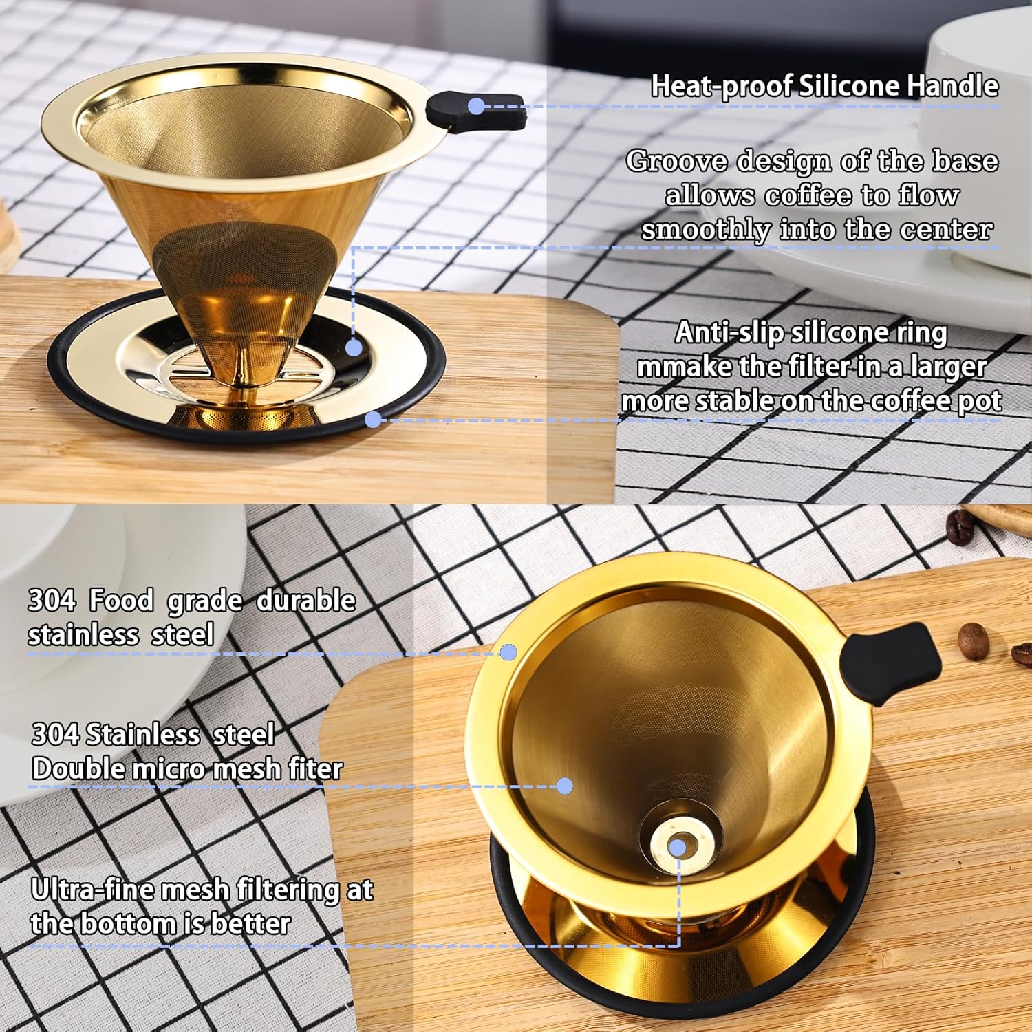 Small Size Pour Over Coffee Dripper, Stainless Steel Metal Cone Drip Coffee Filter, Paperless and Permanently Reusable, Double Mesh Coffee,TeaFilter for 1-2 Cups