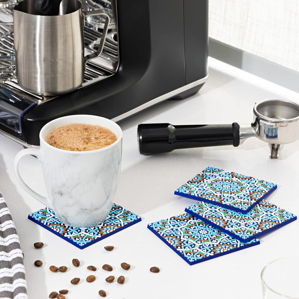 Blue Tile Colored Coasters Set of 4, Silicone, Protects Against Water Marks or Damage Fits All Cups, 3.5" Size
