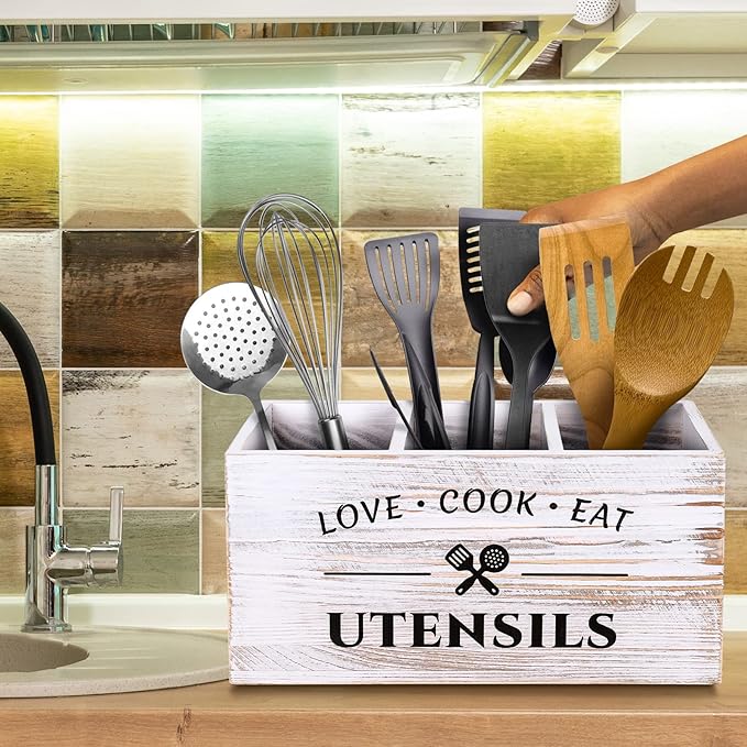 Wood Kitchen Utensil Caddy with 3 Compartments, Rustic Farmhouse Style, Ideal for Storage and Organization, White