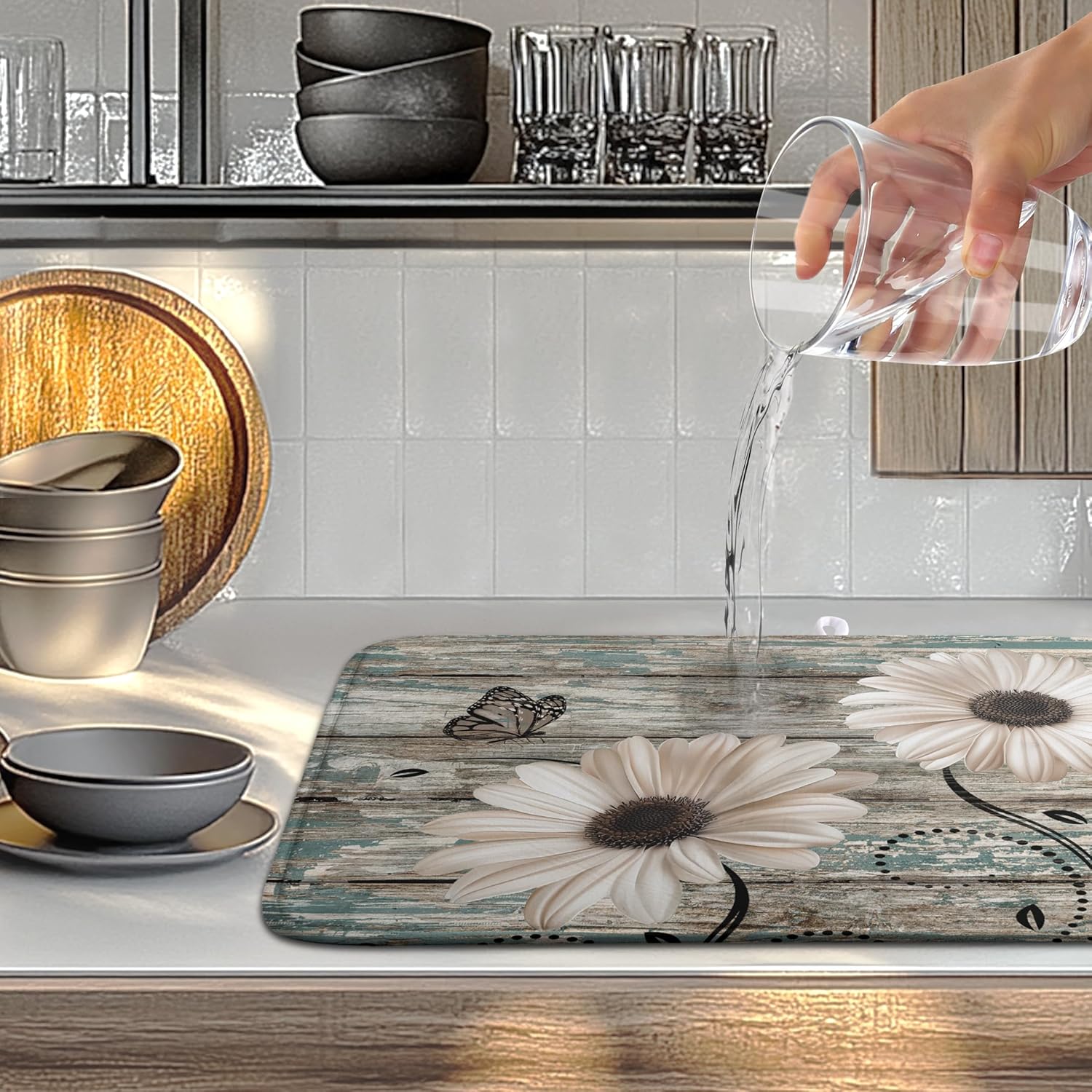 Summer Sunflower Vintage Dish Drying Mats for Kitchen Counter Country Rustic Daisy Farmhouse Kitchen Dishes Dryer Pad Fall Absorbent Dish Mat Microfiber Washable Foldable Reusable Large 18x24 in