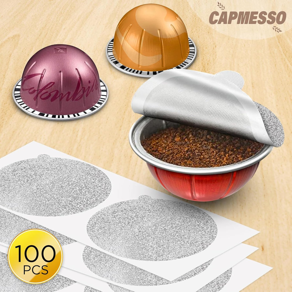 CAPMESSO Aluminum Foils Lids for Vertuo Reusable Pods,Compatible for Refillable Vertuo Pods, 100pcs Coffee Pods Foil Seals Covers(100/package)