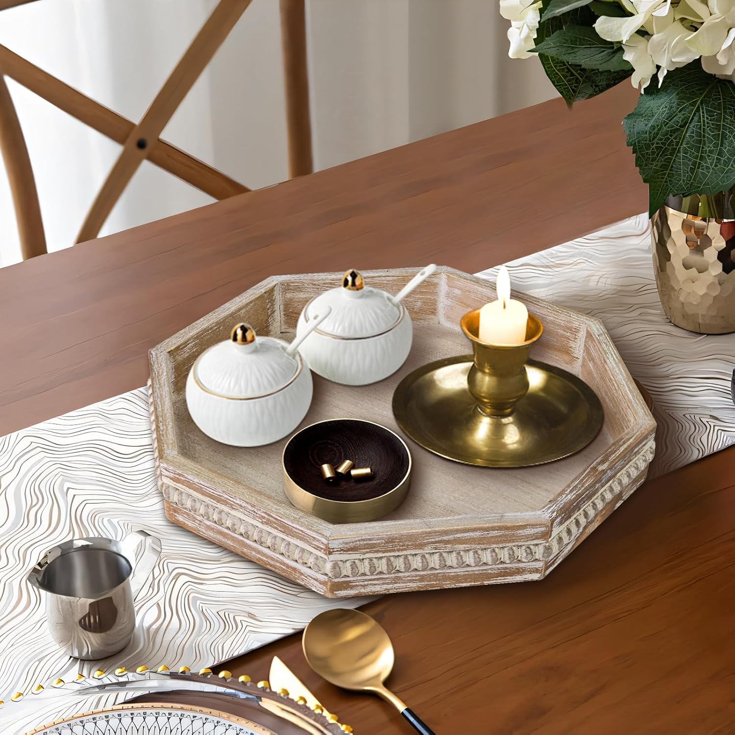 MAONAME Wood Serving Tray,Farmhouse Wooden Tray with Beads, Washed White Octagonal Serving Tray，Coffee Table Tray for Living Room, Kitchen, 12" X 12" X 1.6"