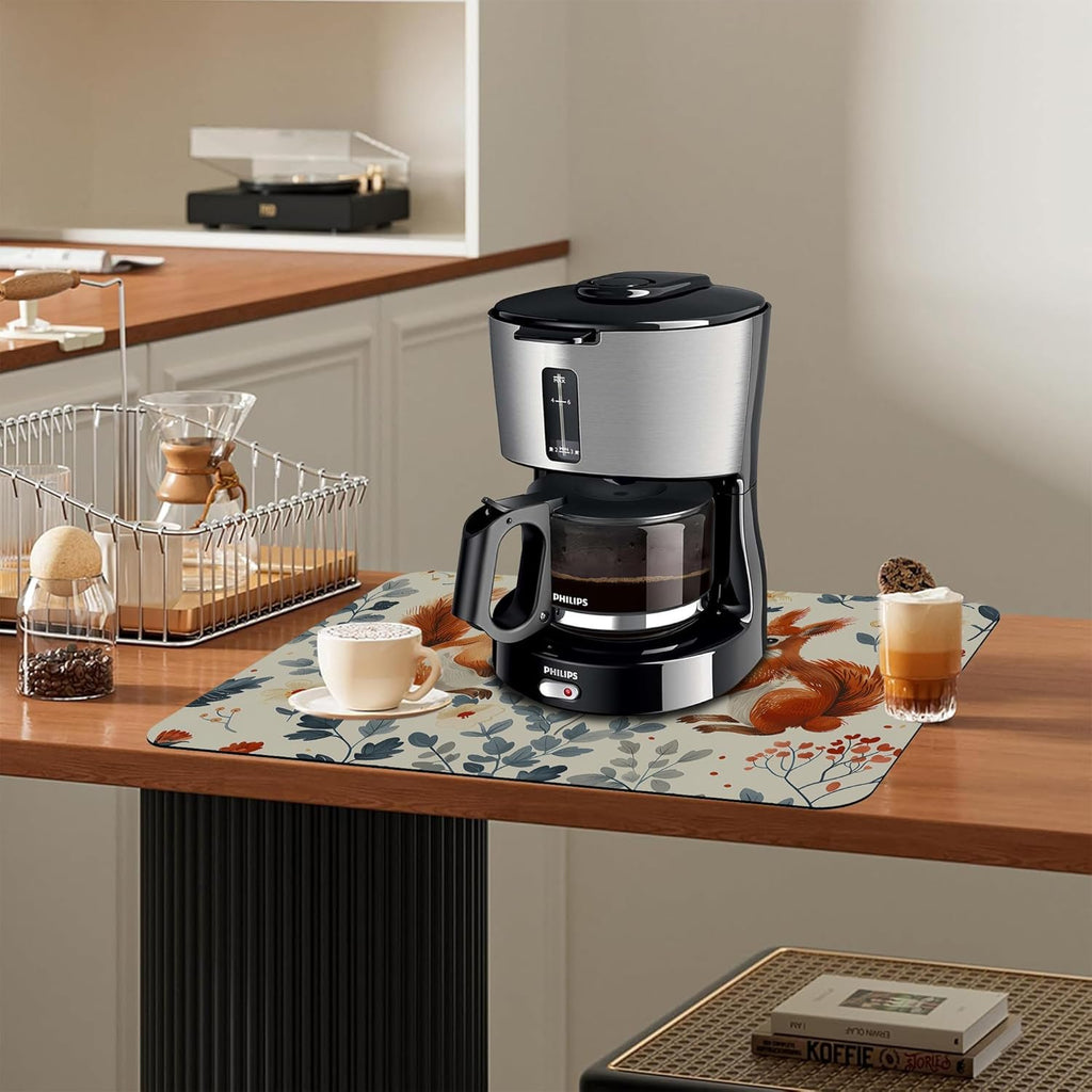 Dish Drying Mat Squirrel in the Flowers Kitchen Mat 16"x24" Bsorbent Coffee Maker Mat for Dishes,Utensils Coffee Maker Pots and Pans Easy Clean Dish Slip Resistant Pad