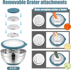 E-far Mixing Bowls with Lids Set, 15PCS Stainless Steel Mixing Nesting Bowls with Colander and 3 Metal Graters for Kitchen, Non-Slip Bottom & Airtight Transparent Lid, 4.6, 3, 1.5, 1, 0.7QT, Blue