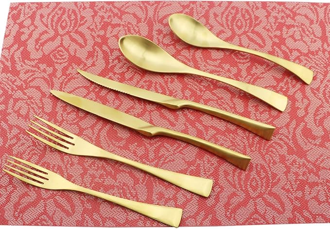 6-Piece Flatware Set,Extra Thick Heavy Duty - 18/10 Stainless Steel Cutlery Sets,High Matte Finish Gold Flatware Sets Service for 1,Multipurpose Use for Home,Kitchen,Tableware Utensil Sets