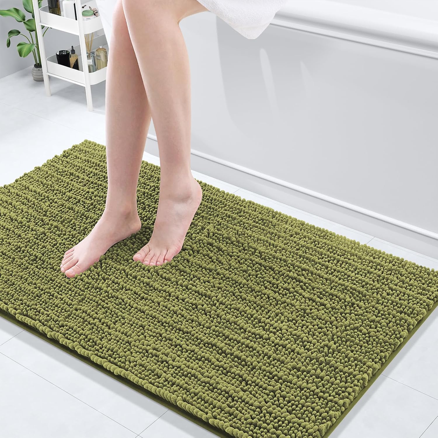 Arotive Luxury Chenille Bathroom Rug Mat, Extra Soft Thick Absorbent Shaggy Bath Rugs, Non-Slip Machine Wash Dry, Plush Bath Mats for Bathroom, Shower and Tub, 47x24, Willow Green