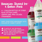 Hawaiian Shaved Ice Syrup Gallon 4-pack, Blue Cotton Candy, Strawberry, Pina Colada, Lemon-Lime, for Slushies, Italian Soda, Seltzers, Popsicles, & More, No Refrigeration Needed, Allergy-friendly