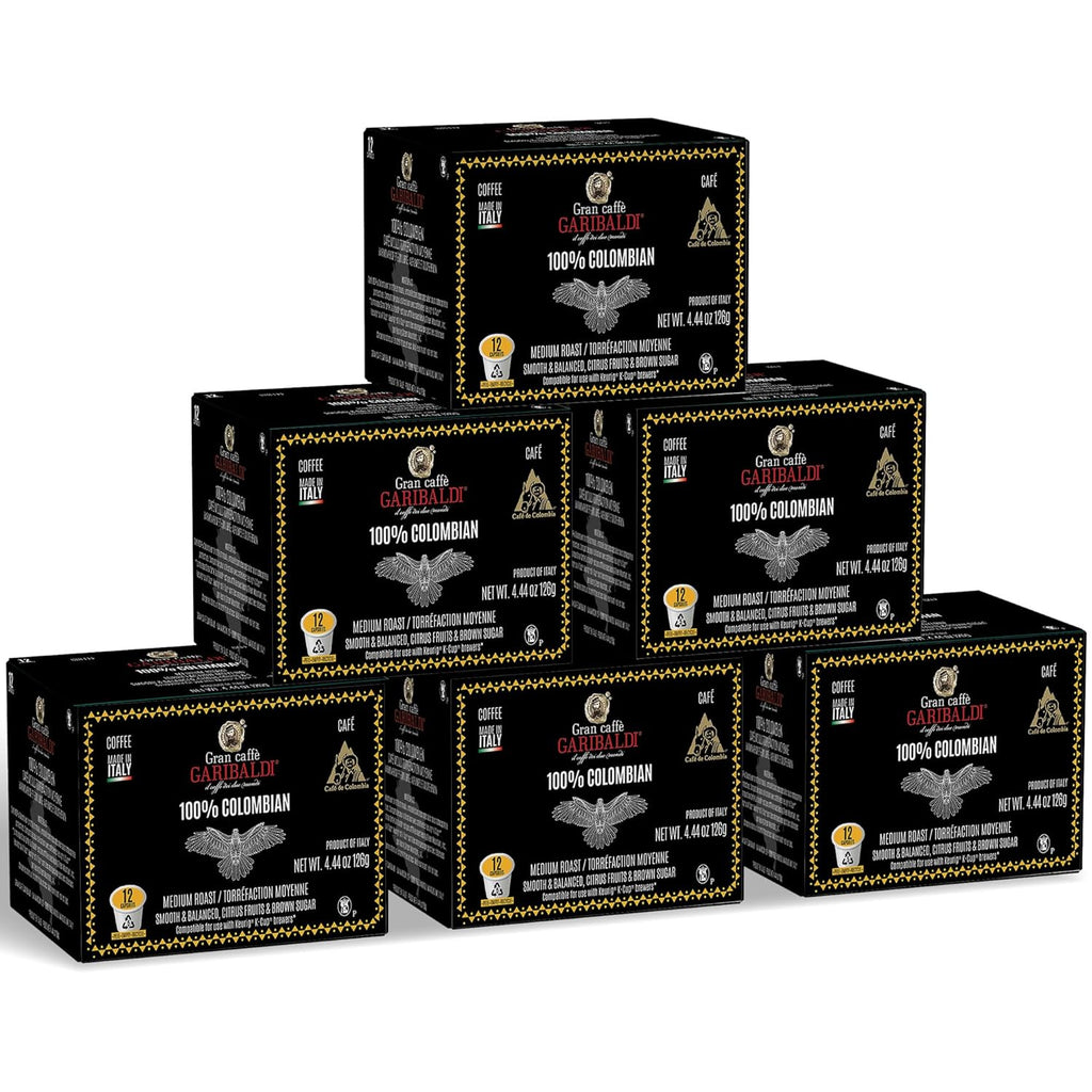 Caffè Garibaldi Colombian Coffee Pods, for Keurig K-Cup Brewers, Single Serve Cups, 100% Arabica Blend for Coffee Makers, 72 Count Recyclable Pods - Medium Roast