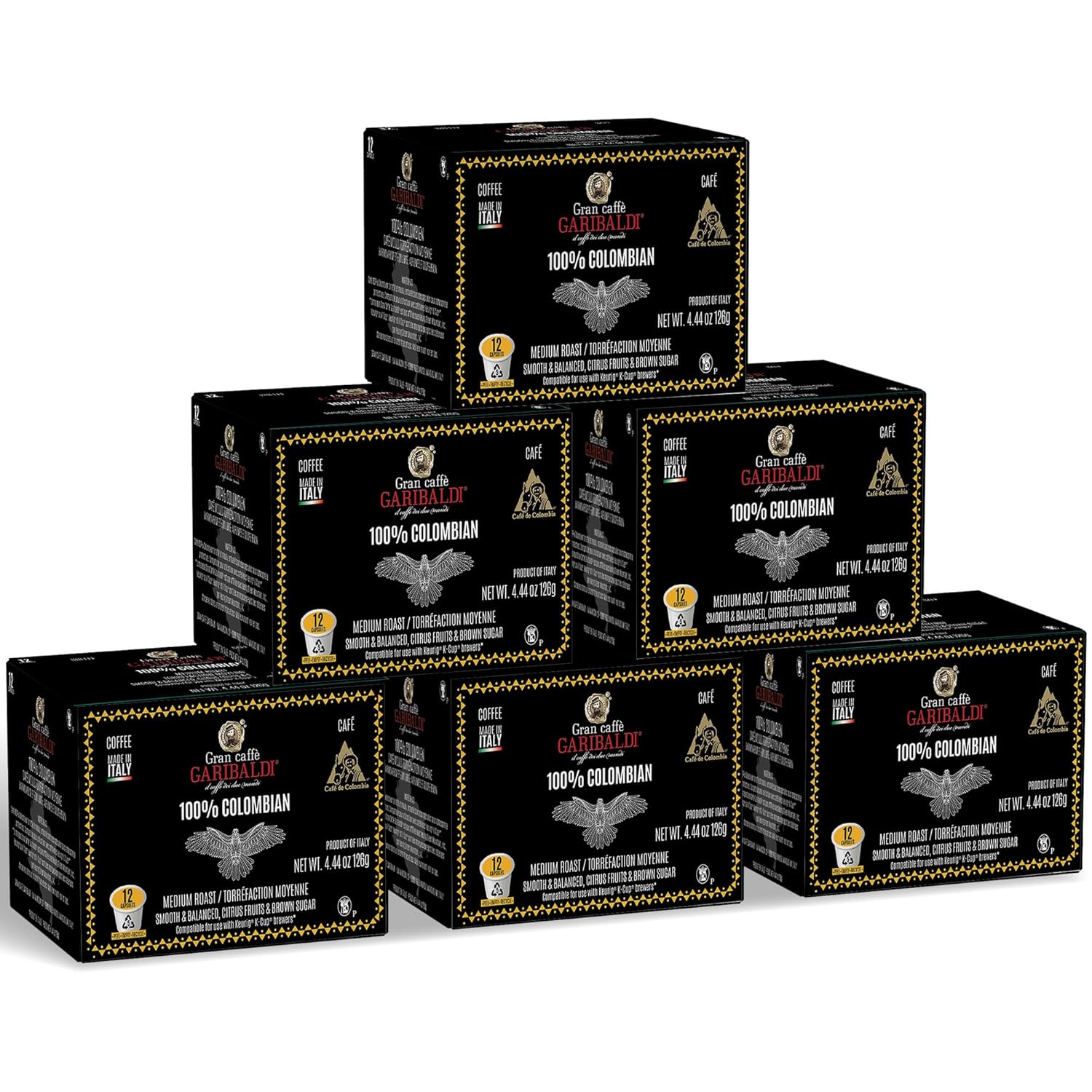 Caffè Garibaldi Colombian Coffee Pods, for Keurig K-Cup Brewers, Single Serve Cups, 100% Arabica Blend for Coffee Makers, 72 Count Recyclable Pods - Medium Roast