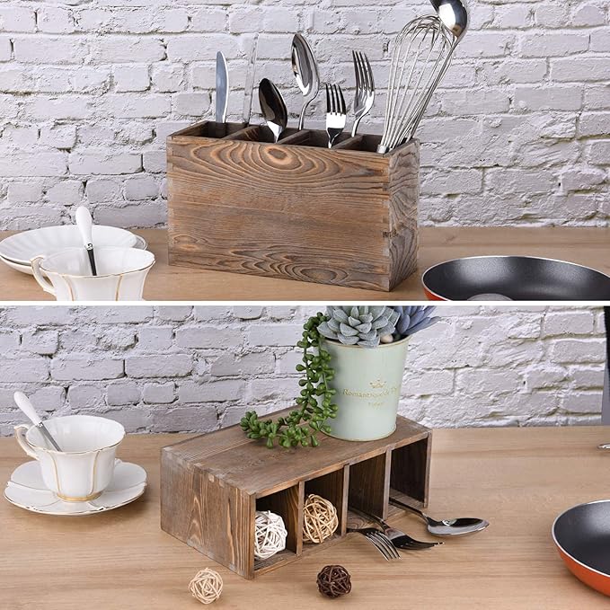 WuGeShop 4 Compartment Wooden Utensil Holder Organizer for Kitchen Countertop Organizer and Cooking Tools Storage