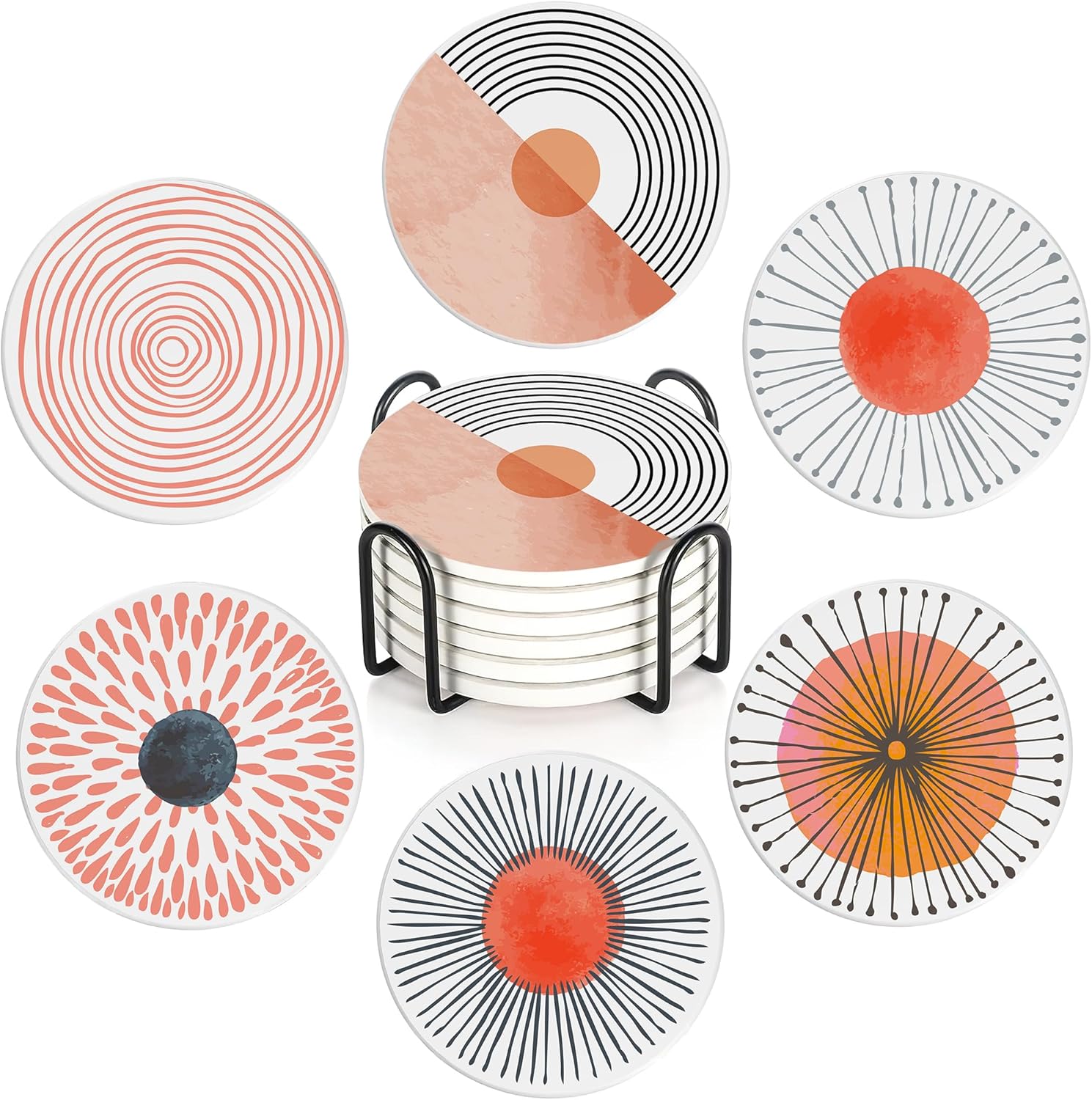 Table Coaster for Drinks Set of 6, Coral Watercolor Series Round Ceramic Coasters,with Cork Base and Metal Holder,Great Housewarming Birthday Gifts,Home Decor