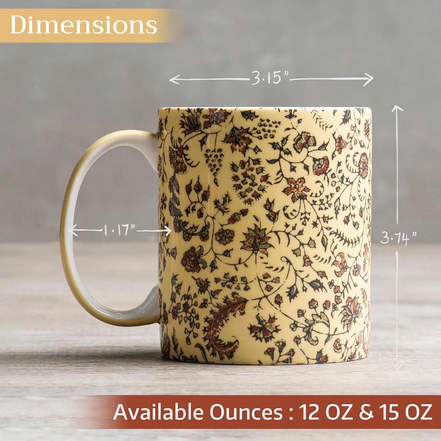 Maison d' Hermine Coffee Mug with Handles Fine Bone China Mugs Pack of One Tea Cups for Hot Beverages Cappuccino Latte Home Restaurant Office Perfect for Gift (Lakshmi - Daya, 12 Ounce)