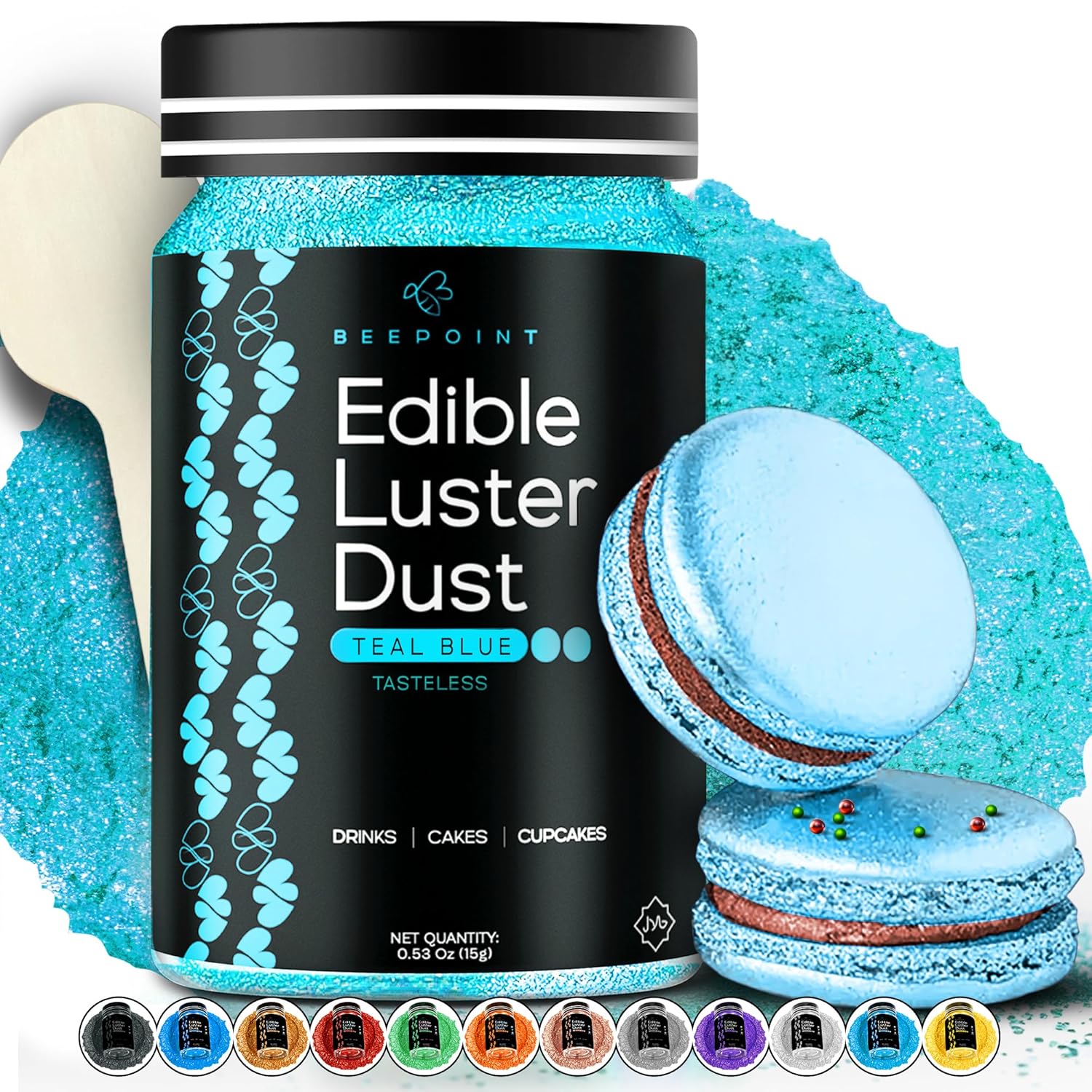 BeePoint Teal Blue Edible Luster Dust 15g - Food Grade, Vibrant Color Shimmer Powdered Dust for Drinks, Cocktails, Cake Decorating, Baking, Chocolates, Candy, Sweets, & Cookies - Vegan & Gluten Free