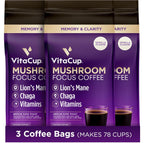 VitaCup Focus Mushroom Coffee Grounds, Vanilla Flavored Coffee with Lions Mane, Chaga, B Vitamins, D3, Boost Focus, Immunity, Memory & Clarity, Medium Dark Roast, 100% Arabica Specialty, 3 bags, 10 oz each