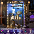 Aheaplus Bakers Rack with Power Outlet, Microwave Stand, 5 Tiers Coffee Bar Station with Led Lights, Kitchen Storage Shelf with 6 S-Shaped Hooks, Kitchen Rack for Spices, Pots and Pans, Black Oak