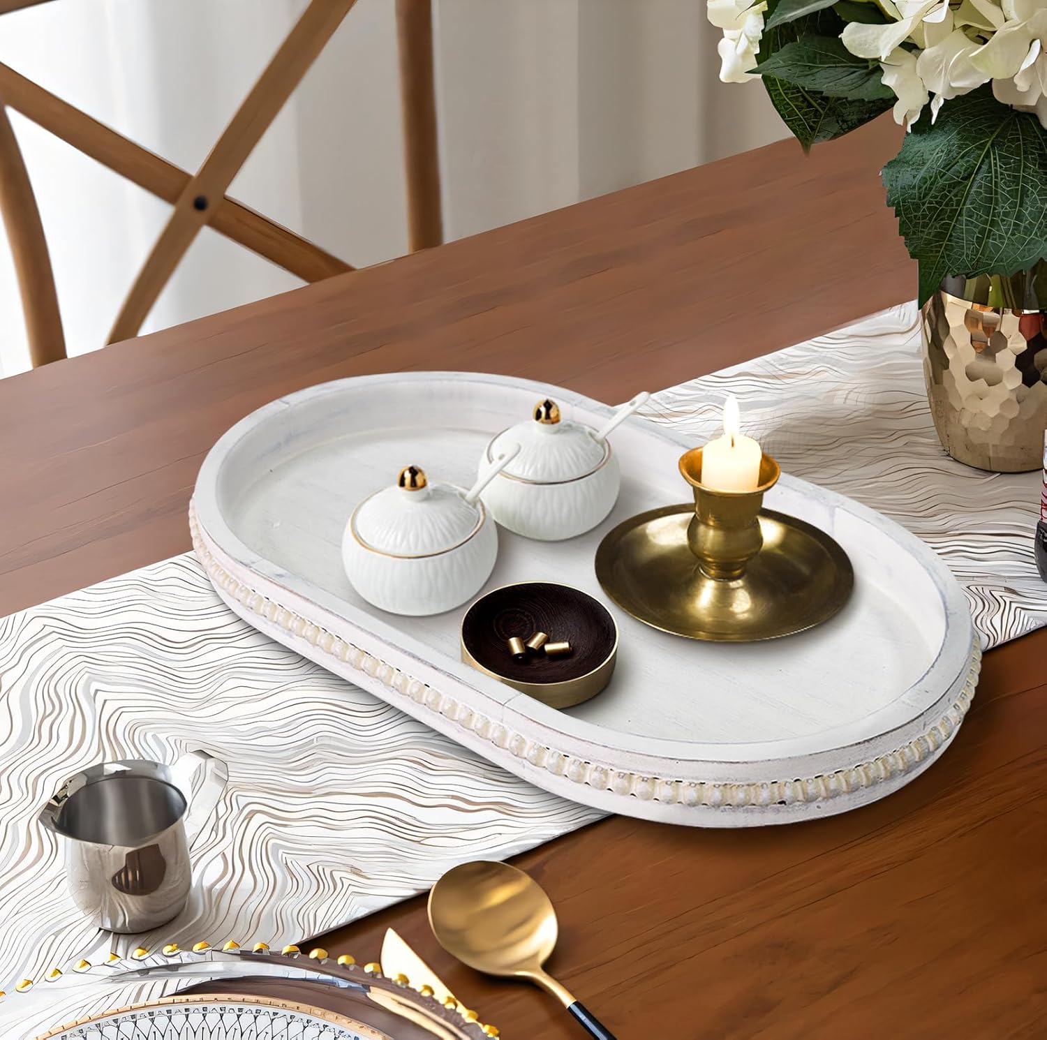 MAONAME Wood Serving Tray, Farmhouse Wooden Tray for Coffee Table, Oval Beaded Trays, Vintage White Decorative Trays for Living Room, Kitchen, 15" X 9" X 1.2"