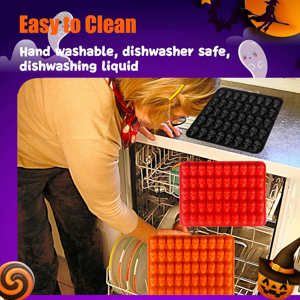 3 Pack Halloween Gummy Skull Candy Molds Silicone,Halloween Mini Skull Mold with 2 Droppers for Chocolate, Candy,Ice Cube - Orange，Red，Black