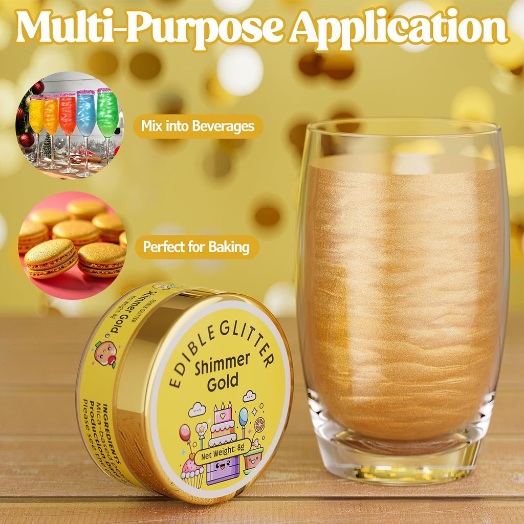 Nomeca Edible Glitter for Drinks Cakes, 8 grams Food Grade Luster Dust Sprinkles Glitter for Cake Decorations, DIY Cocktails, Beverages & Cake Decorating, Dessert Cake Topper (7-Shimmer Gold)