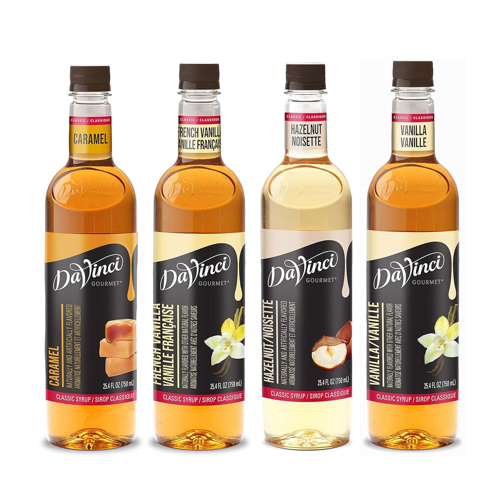 DaVinci Gourmet Syrup, Classic Coffeehouse Variety Pack - Caramel, French Vanilla, Hazelnut, Vanilla, 25.4 Fl Oz (Pack of 4)