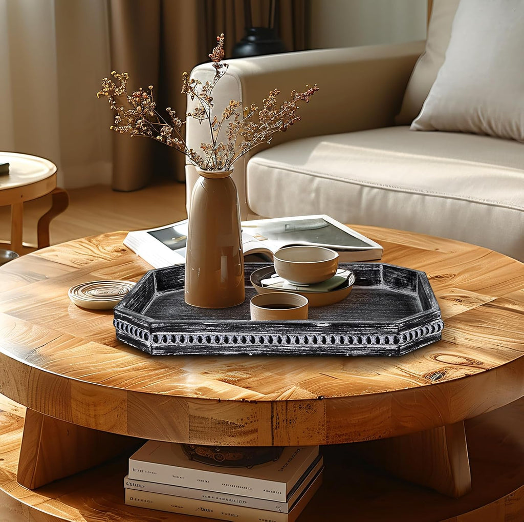 MAONAME Wood Serving Tray, Farmhouse Wooden Tray for Coffee Table, Octagonal Beaded Trays, Vintage Black Decorative Trays for Living Room, Kitchen, 15.7" X 10.2" X 1.6"