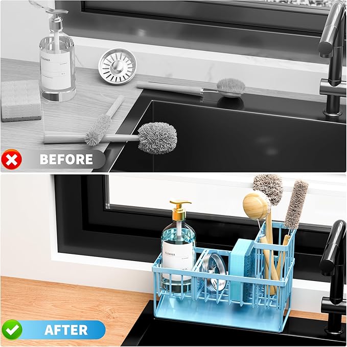 Cisily Blue Kitchen Sink Caddy Organzier with High Brush Holder, Sponge Holder for Sink, 304 Rustproof Stainless, Kitchen Countertop Soap Dispenser Organizer, Blue Home Decor and Accessories