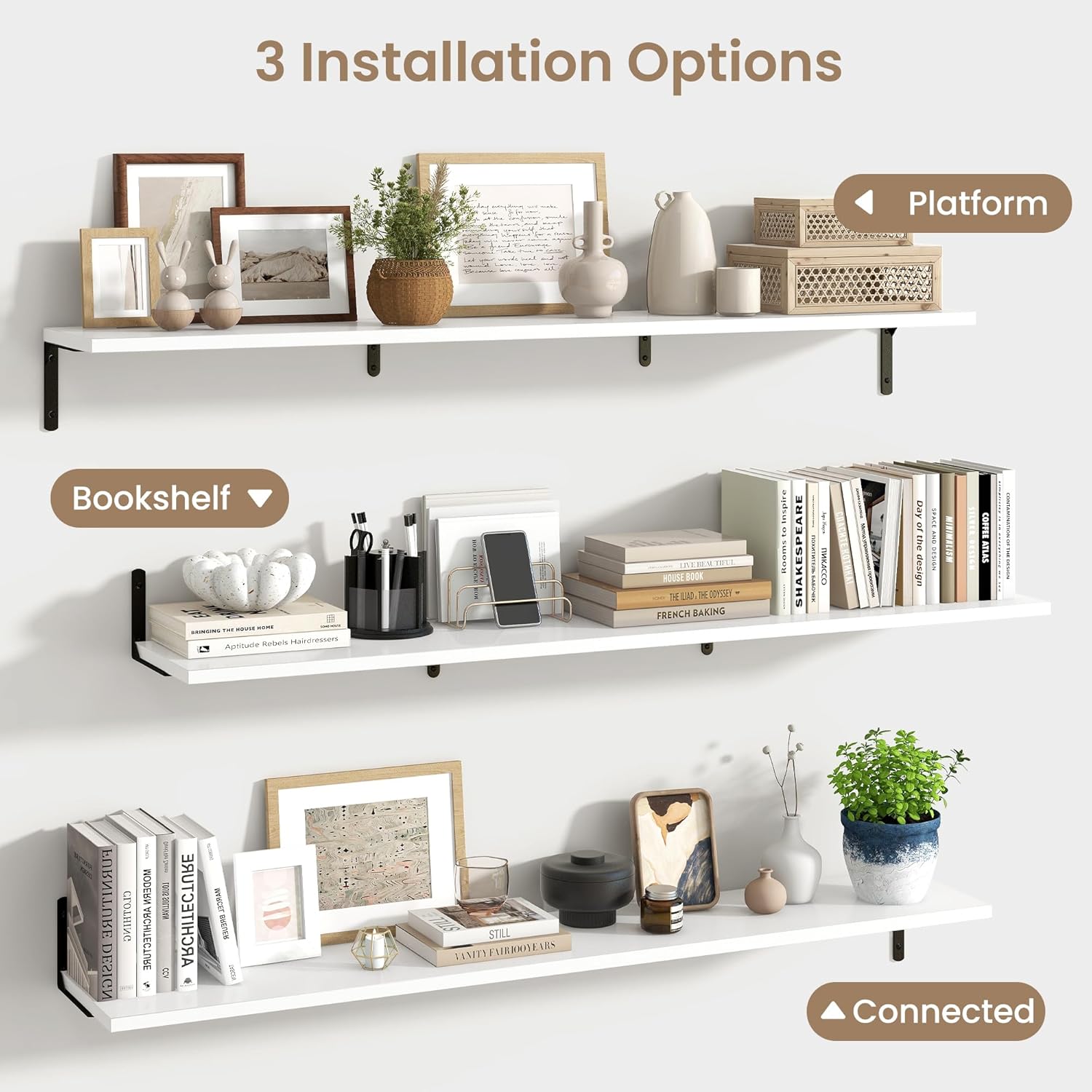 Fun Memories Deep Floating Shelves, 55W x 8D Floating Shelves Set of 2, Wall Mounted Shelf with Metal Brackets, Rustic Wood Wall Shelf for Bathroom, Kitchen and Living Room, White