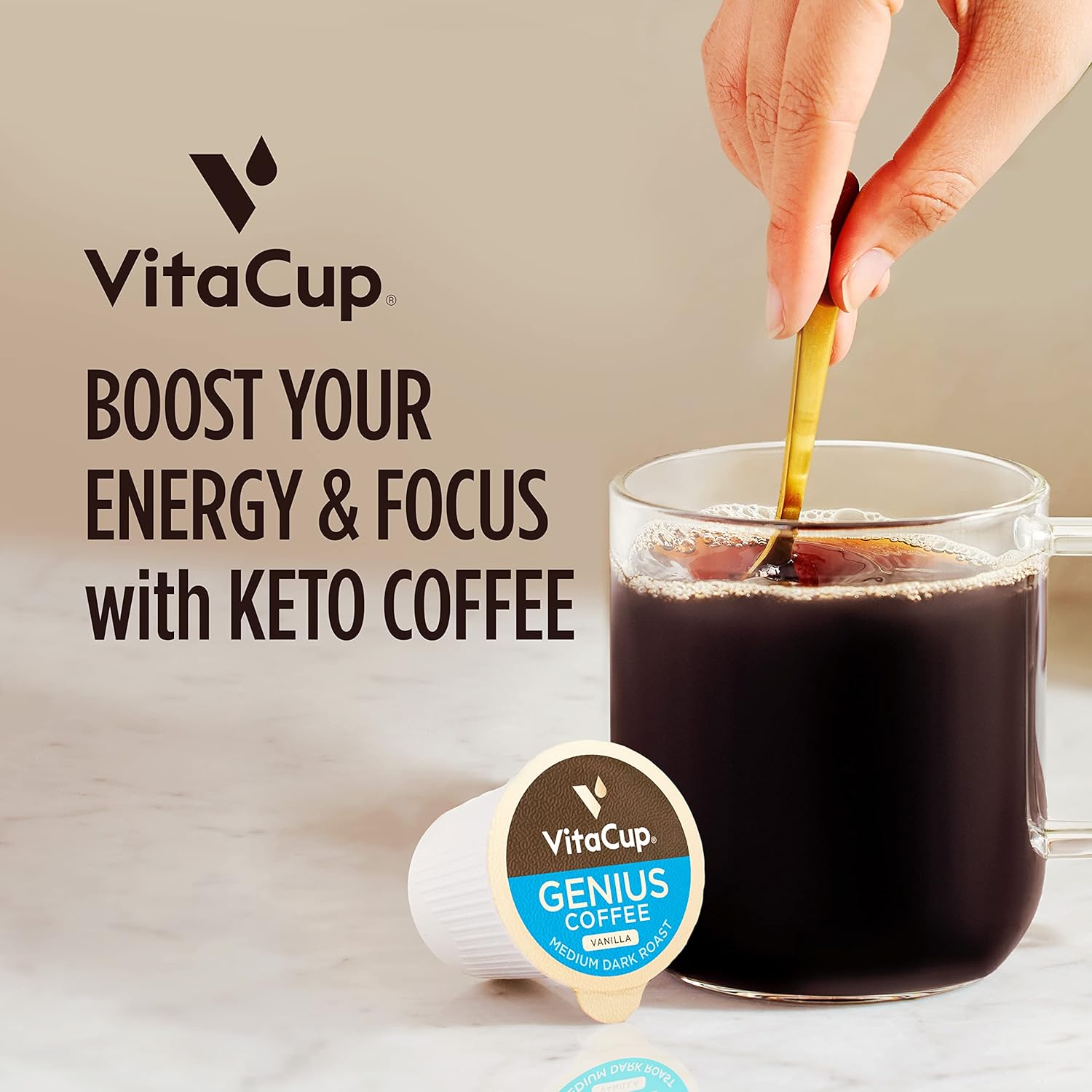 VitaCup Genius Vanilla Keto Coffee Pods w/MCT Oil, Turmeric, B Vitamins, & D3 for Energy & Focus in Recyclable Single Serve Pod Compatible with K-Cup Brewers Including Keurig 2.0, 64 CT