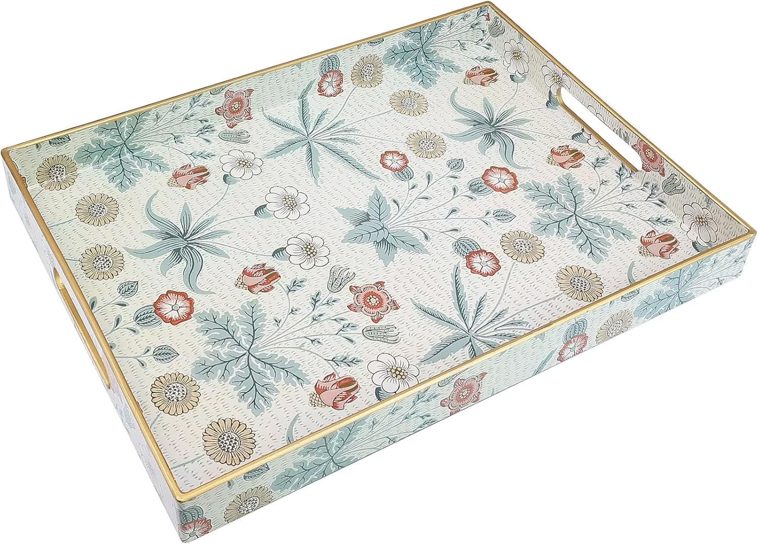 Rectangle Serving Tray with Handles, Coffee Table Tray for Ottoman, Living Room, Outdoor Tray for Patio Entertaining, Serving Breakfast Kitchen Platter, Daisy