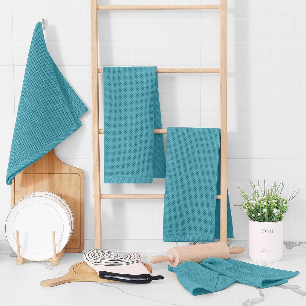 Homaxy 100% Cotton Waffle Weave Kitchen Dish Towels, Ultra Soft Absorbent Quick Drying Cleaning Towel, 13 x 28 Inches, 6-Pack, Lake Blue