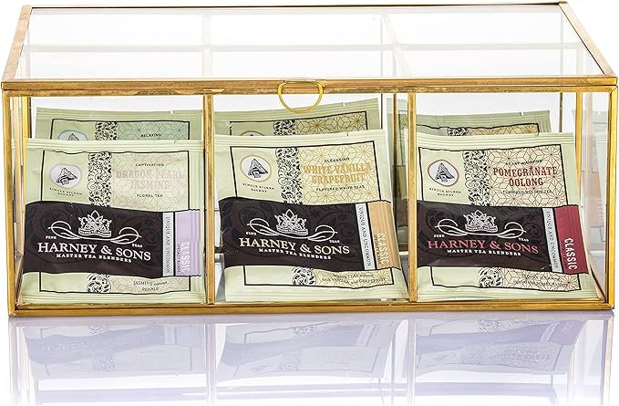NCYP Glass Tea Bags Organizer Box, 11.4" x 7.1" x 4.5" Coffee Bag Storage Box, 6 Grids Compartments Handcrafted Brass Jewelry Counter, Display Case, Handmade (Glass Box Only)