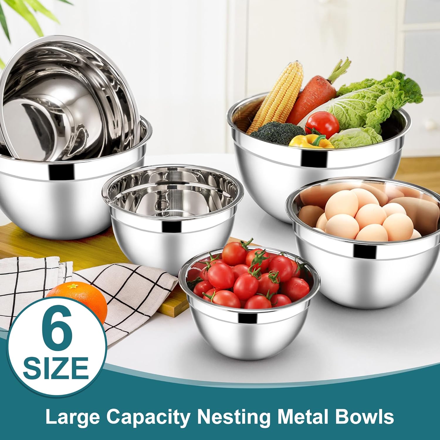 E-far Mixing Bowls with Lids, 12-Piece Stainless Steel Salad Bowls Metal Nesting Bowls for Baking Cooking and Prepping, Airtight Lids & Stackable Design, Size 7, 4.5, 3, 1.5, 1.2, 0.7 QT (Blue)