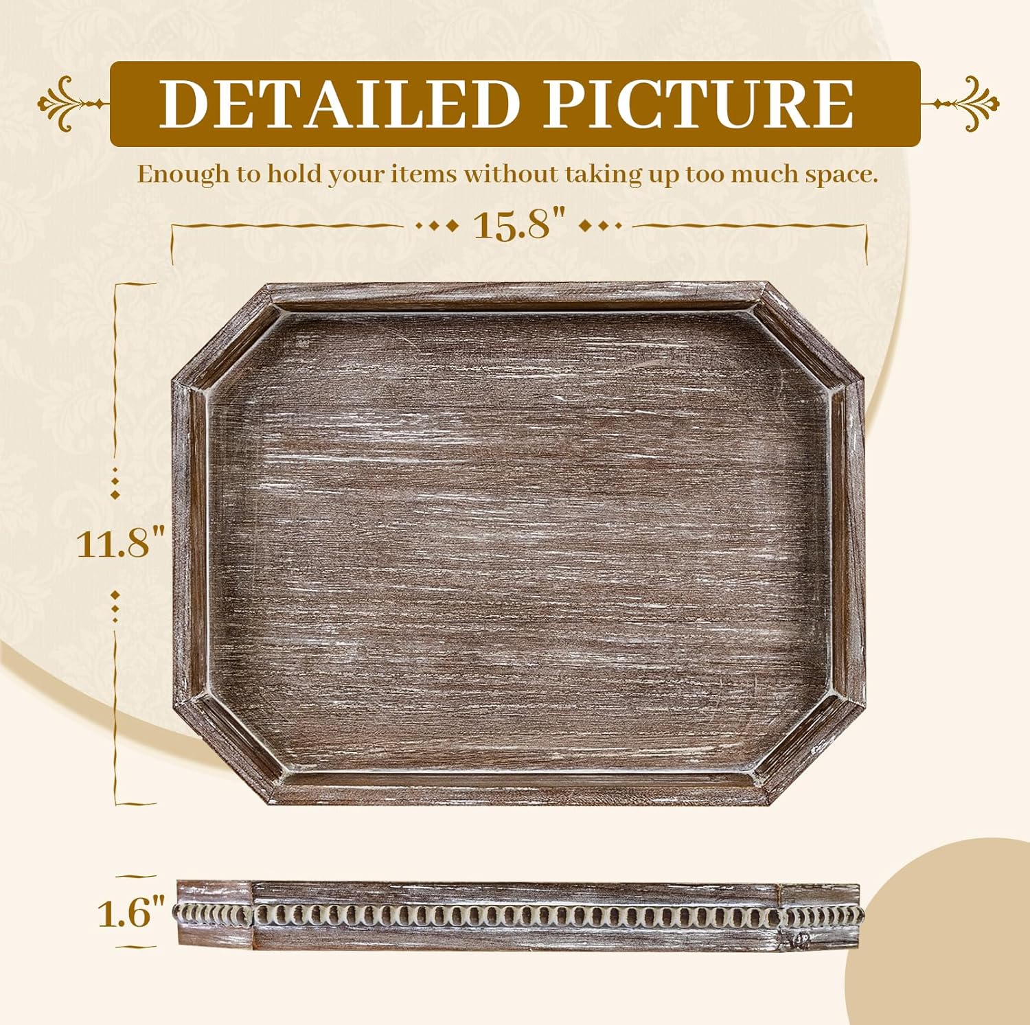 MAONAME Wood Serving Tray, Farmhouse Wooden Tray for Coffee Table, Octagonal Beaded Trays, Vintage Brown Decorative Trays for Living Room, Kitchen, 15.7" X 10.2" X 1.6"