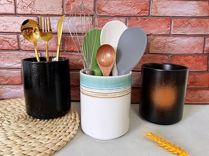 Short Kitchen Utensil Holder for Kitchen Counter Cooking Utensil Holder for Countertop Spatula Holder Small Utensil Crock Cutlery Holder Silverware Caddy Flower Vase (Green Field)